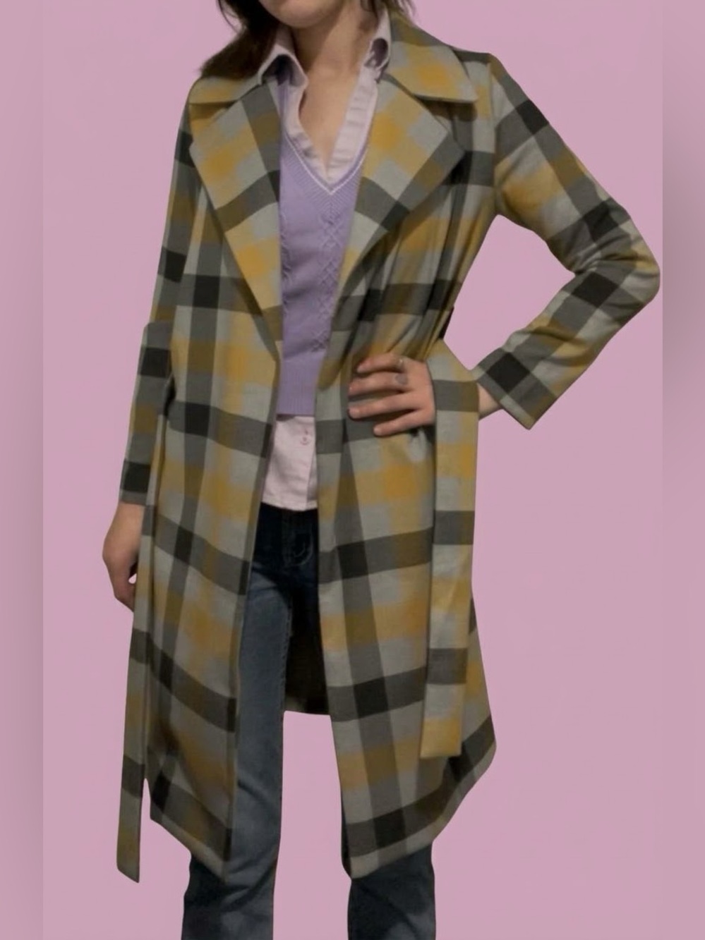 500 Maison Cinqcent Yellow Grey Plaid Belted Trench Coat Duster Jacket XS